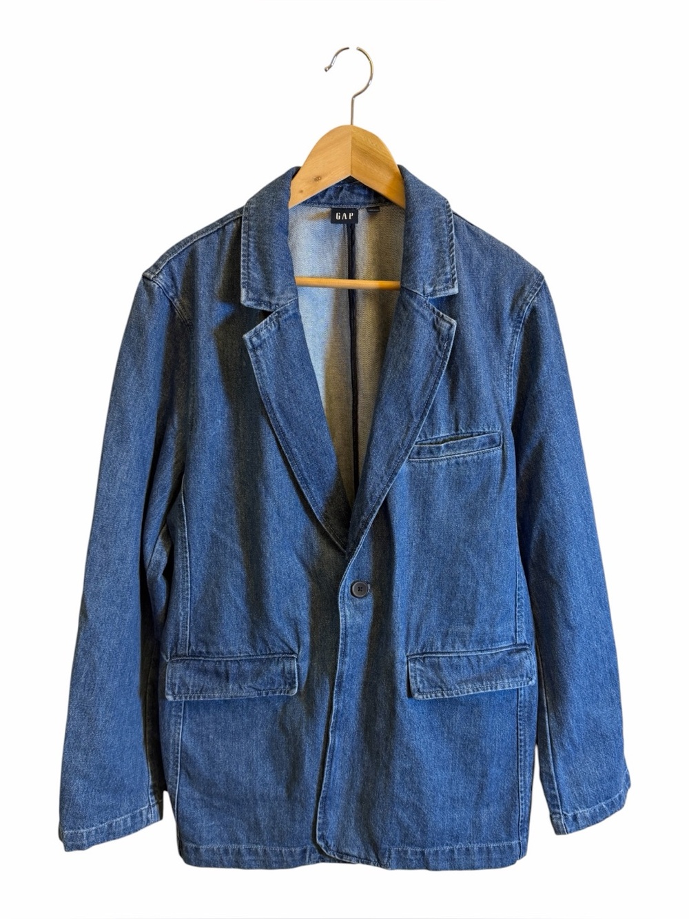 GAP Denim Blazer XL Blue One Button Casual Jacket Lightweight Sport Coat